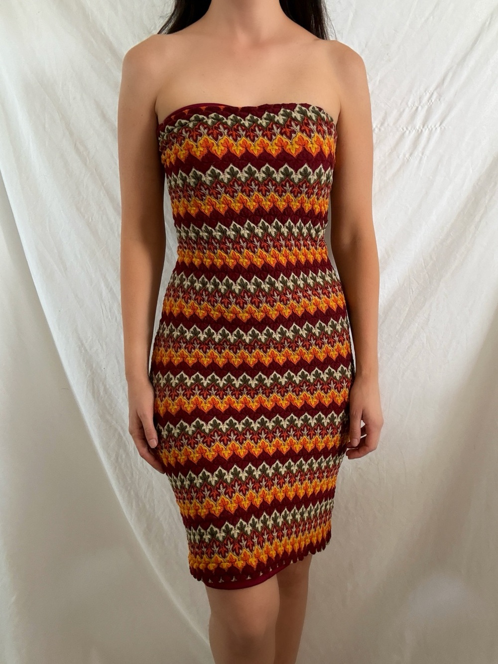 Y2K knit Chevron boho strapless bodycon dress vintage 70s aesthetic retro